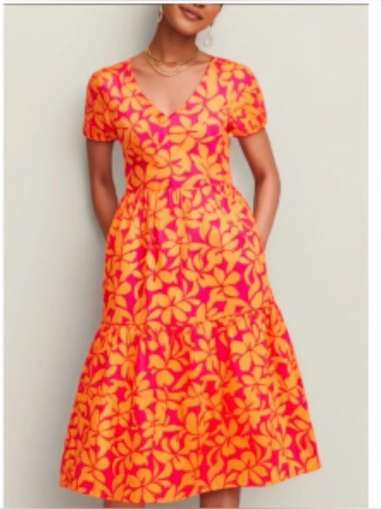 J. Crew Dresses & Skirts - J. Crew Boho Floral Tiered Midi Dress Orange Pink Puff Sleeve 6